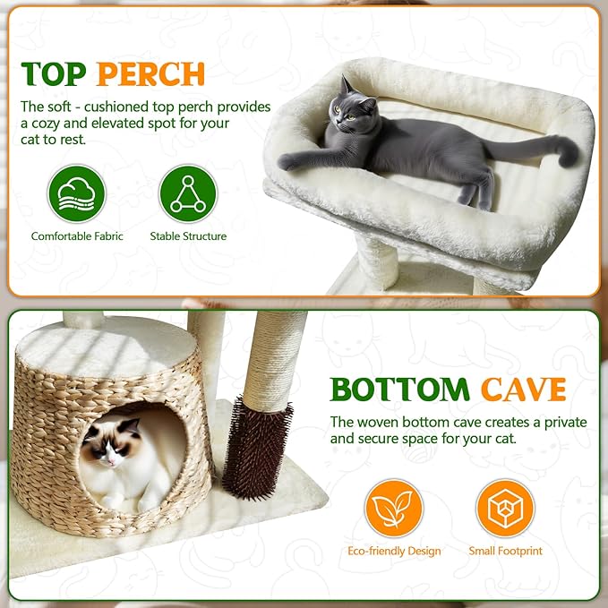 43.6” Rattan Cat Tree Tower with Woven Cat House - Multi-Level Condo & Scratching Posts - Sisal Poles, Grooming Brush, Plush Perch & Dangling Toy, Stylish Cat Furniture for Indoor Cats