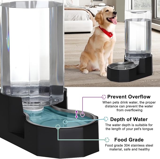 Sfozstra Large Dog Water Dispenser: 9L Automatic Black Water Feeder with Stainless Steel Bowl - Without Filter - Gravity Design for Multiple Pets in Garage Garden - Good for Spinal Health