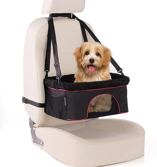ROODO Deluxe Dog Booster Seat with Height-Adjustable Foldable Metal Frame and Safety Leash,Portable Pet Car Seat for Under 20lb Puppy Cats with Plush Thick Cushion Mesh Window Pockets(Black)