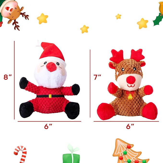 Hollypet Christmas Squeaky Plush Stuffed Durable Dog Toys, Cute Puppy Chew Toys for Small, Medium and Large Breed Dogs,Santa Claus and Christmas Elk