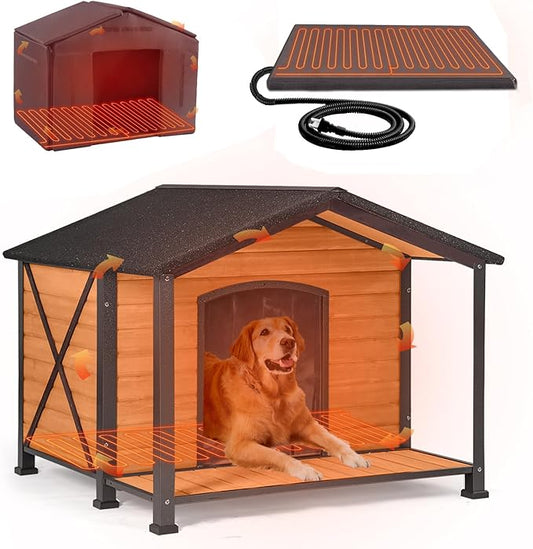 GUTINNEEN Extra Large Heated Dog House XXL Insulated Dog House Outdoor Weatherproof Dog Kennel with Safe Heated Pad, Chew-Proof Metal Frame and 6-Sided Thermal Liner for Medium to Large Dog Breeds