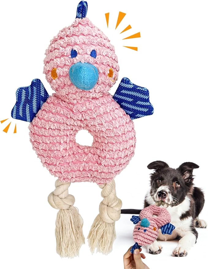 Crinkle Squeaky Dog Toys for Medium Dogs, Durable Plush Chew Toys for Aggressive Chewers, Interactive Tug of War Toy, Teething Gift to Keep Them Busy and Relieve Boredom (Pink Chick)