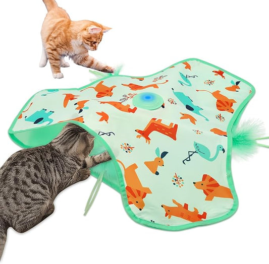 Interactive Cat Toy, Automatic Kitten Cat Toys for Indoor Bored Adult Cats, Rechargeable Cat Toys with Motion Activated, Real Mouse Squeaky, Moving Concealed Feathers, Hide & Seek