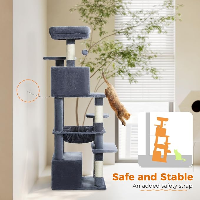 PAWZ Road Cat Tree, 53.5 Inches Tall Cat Tower with Spacious Hammocks, Condos and Scratching Posts, Cat House with Dual Padded Perches for Indoor Large Cats-Dark Gray