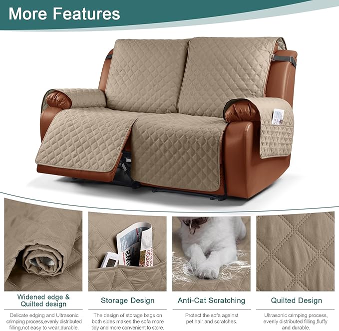 Ruaozz Waterproof Recliner Sofa Cover 1-Piece Couch Covers for Reclining Couches Reclining Sofa Cover Washable Furniture Protector with Elastic Straps Pocket for Kids, Pets (Khaki, XL 2 Seater)