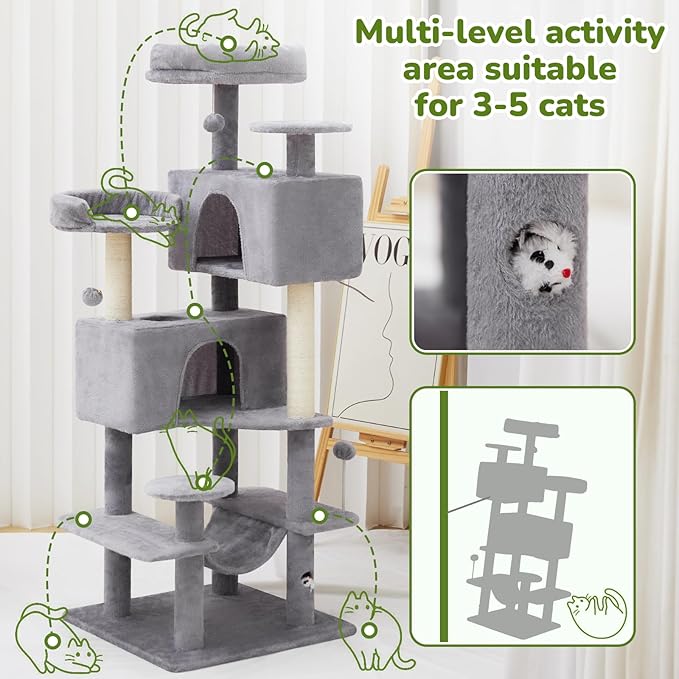 Cat Tree Tower with Large Hammock 54in Multi-Level Cozy Large Cat Tree with 2 Condo Top Perch Scratching Posts and Fun Cat Toys for Indoor Cats（Light Gray）