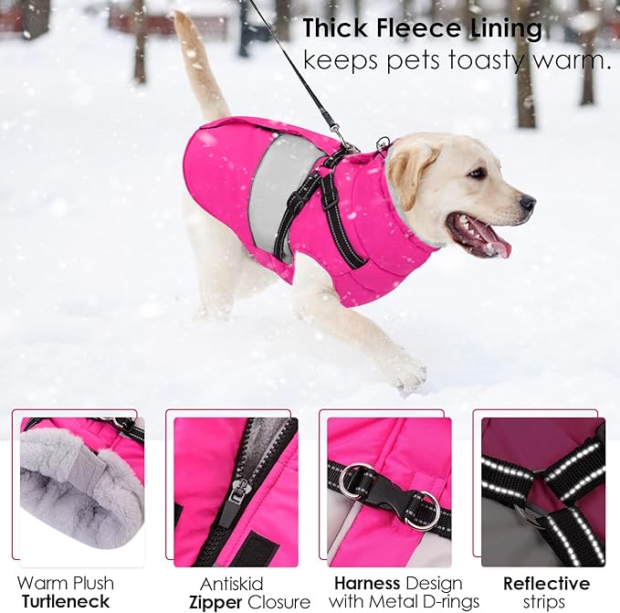 AOFITEE Dog Coat, Warm Dog Jacket with Harness Built in, Waterproof Coats for Small Dogs, Dogs Winter Coat Puffer Jacket with Zipper & Fleece Collar, Pet Snowsuit Sweater for Chihuahua Yorkshire, XS