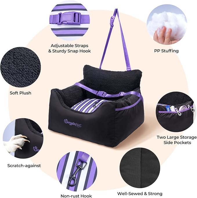 BurgeonNest Dog Car Seat for Small Dogs, Detachable and Washable Cat Carseats Under 25 lbs, Soft Pet Booster Seats with Storage Pockets and Clip-On Leash Portable Car Travel Carrier Bed, Black Purple