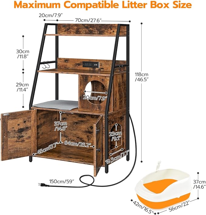 HOOBRO Litter Box Enclosure with 2 Storage Shelves, Tall Litter Box Furniture Hidden with Charging Station, Indoor Hidden Litter Box Furniture with Plush Mat, Rustic Brown and Black BF70UMW01