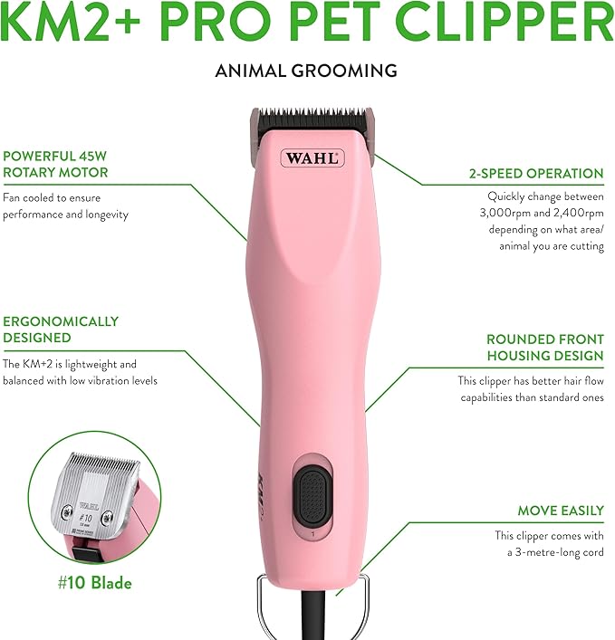 Wahl Pro Animal KM2+ Corded Clipper - Pet Clippers for Cats, Dogs & Horses - Premium Grooming Tools - 2 Speeds & 14-Foot Cord - Pink