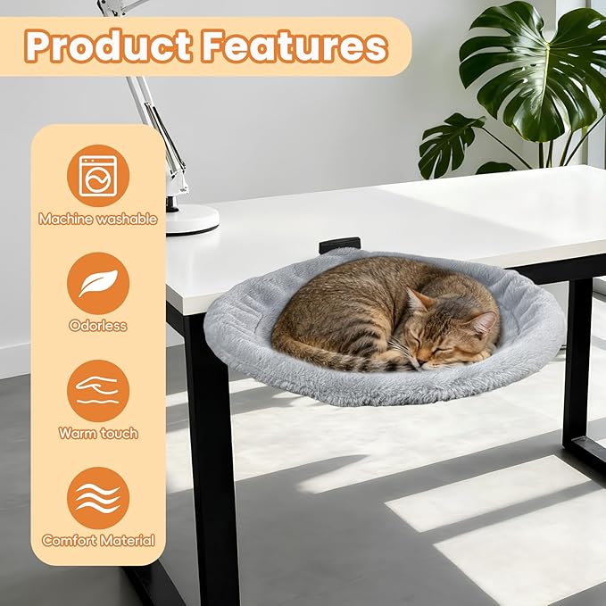 Cat Desk Bed - 360-Degree Rotation Cat Desk Hammock & Space-Saving Semi-Circular Cats Bed, Soft Faux Rabbit Fur Material, Suitable for Various Desktops, Diameter 42cm (X-Large)