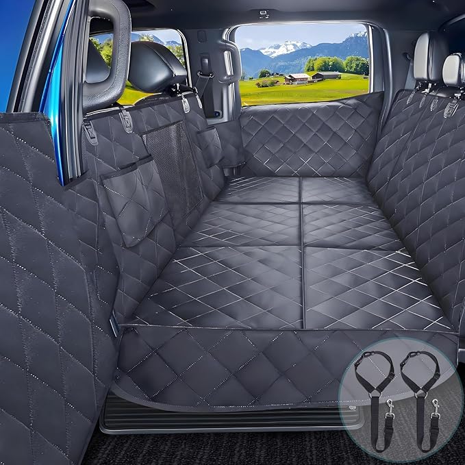 Truck Hard Bottom Car Seat Cover for Dogs | Mesh Window & 2 Safety Belts | 100% Waterproof Sturdy Back Seat Extender with Door Protectors |Non-Slip,Scratchproof Pet Car Rear Seat Protector Fit Pickup
