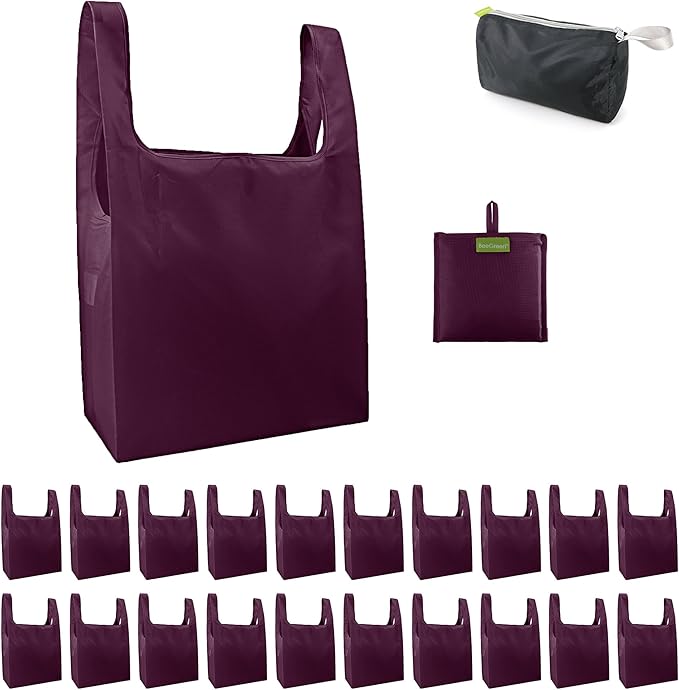BeeGreen Burgundy Reusable Shopping Bags Wholesale Reusable Grocery Bags Bulk with Elastic Band Foldable-Machine Washable with Zipper Storage Pouch 20 Pieces