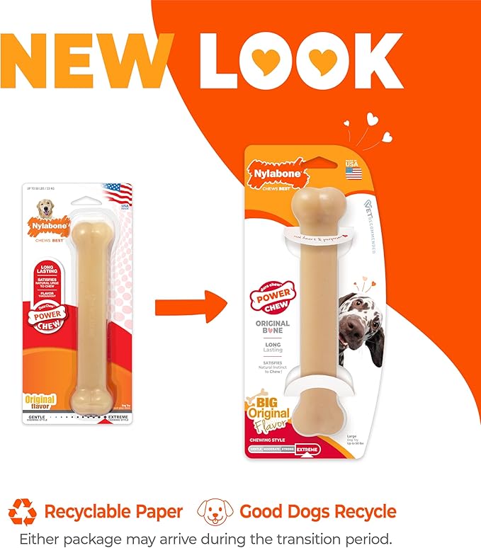 Nylabone Original Bone Power Chew Toy for Dogs, Durable & Tough Dog Toys for Aggressive Chewers, Original Flavor, Large - Up to 50 Ibs, 1 Count