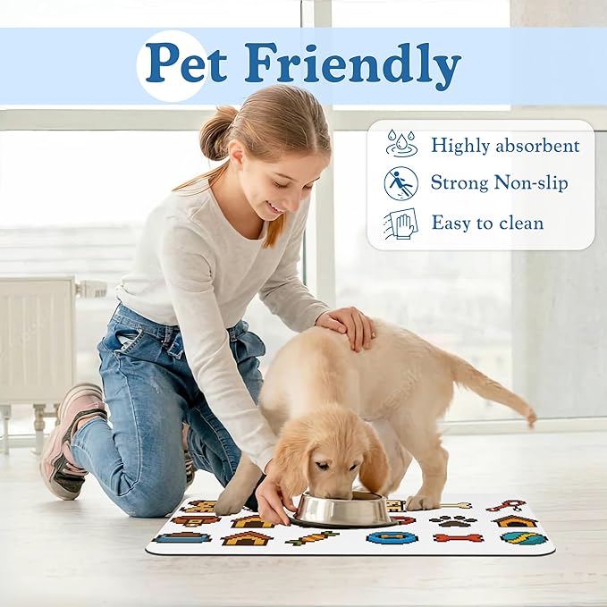 Dog Fun Pet Feeding Mat–Quick Dry Absorbent Dog Cat Food Mat, Non Slip Waterproof Bowl Placemat for Messy Eaters, Pet Accessories for Floors 12"x20"