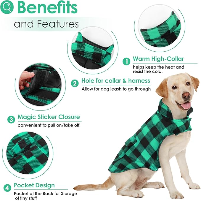 AOFITEE Dog Coat Plaid Dog Winter Coat for Small Dogs, Warm Dogs Jacket Christmas Sweater, Waterproof Pet Puffer Jacket, Reversible Pet Cold Weather Coats for Small Medium Large Pets, Green L