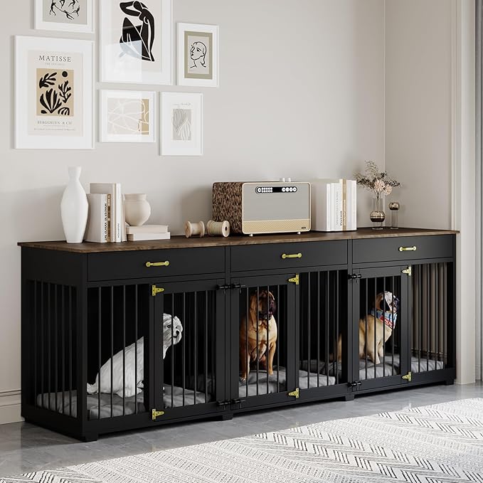 Dog Crate Furniture - Indoor Wooden Dog Kennel Crate Furniture with 2 Dividers, 3 Drawers, and 3 Lockable Doors - 95"x23.6"x31.5"H, Black