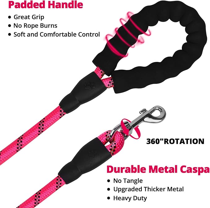Long Dog Leash 40 FT: Heavy Duty Rope Leashes for Dogs Training with Swivel Lockable Hook Reflective Threads Bungee and Padded Handle - Dog Lead for Large Small Medium Dogs Outside Walking Hiking Pink