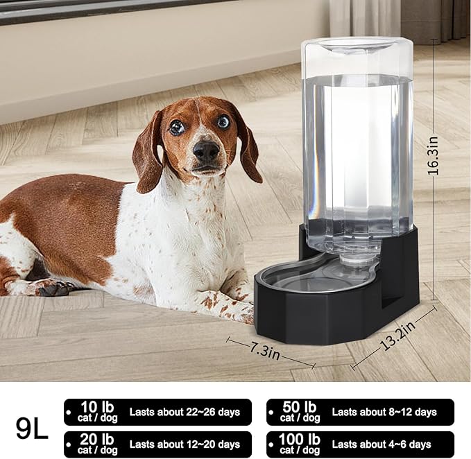 Sfozstra Large Dog Water Dispenser: 9L Automatic Black Water Feeder with Stainless Steel Bowl - Without Filter - Gravity Design for Multiple Pets in Garage Garden - Good for Spinal Health