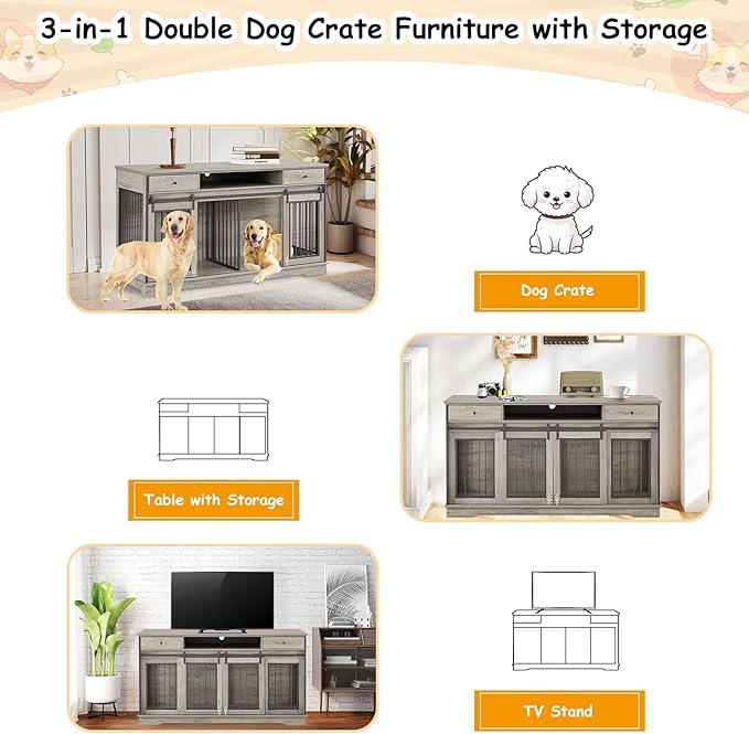 3-in-1 Double Dog Crate Furniture, 66.1 Inch Grey Furniture Style Dog Crates for 2 Dogs with Divider, Dog Kennel TV Stand with 2 Drawers and Sliding Doors
