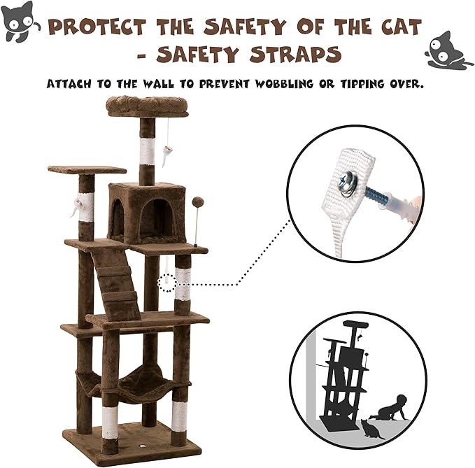 MWPO 63.8 inches Multi-Level Cat Tree for Large Cats with Sisal-Covered Scratching Posts, Padded Platform, Hammock and Condo,Stable Cat Tower Cat Condo Pet Play House (Brown)