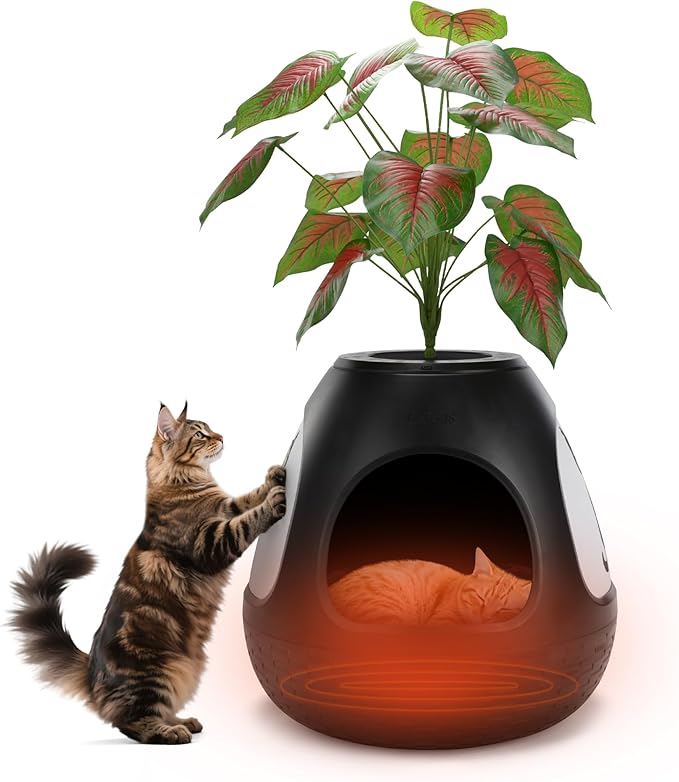 Copod8 Cat Bed Heated Pet Cave 4-in-1 Kitty Warming House Condo with Replaceable Scratching Board, Heating Pad and Air Purifier for Indoor Cats Rabbits Guinea Pigs Small Dogs (Black)