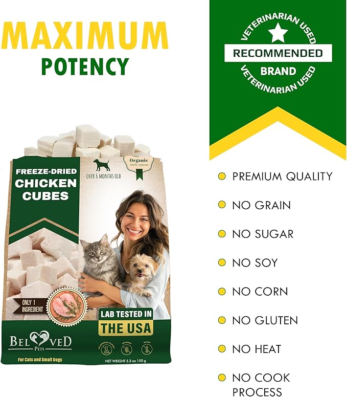 Beloved Pets Dog & Cat Treats Freeze Dried Chicken Cubes 5.3 oz - All Natural Meat Raw Pet Food - Human Grade High-Protein Snacks & Grain-Free Jerky Chews for Cats and Small Dogs (Pack of 2)