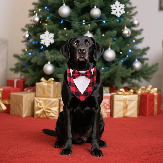 ADOGGYGO Christmas Dog Tuxedo Bandana, Red Plaid Xmas Pet Bowtie Collar, Adjustable Christmas Costumes for Extra Large Dogs (XL)