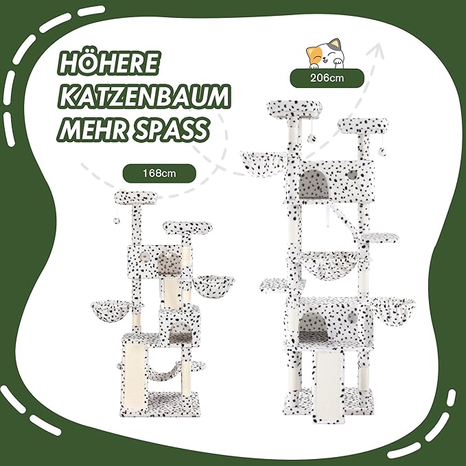 MUTICOR 81 inches Multi-Level Tall Cat Tree Tower for Indoor Kitties/Large Climbing Tree House for Big Feline/Condo/Sisal Scratching Posts/Plush Perches Platforms/Basket Hammock/White & Black Spot