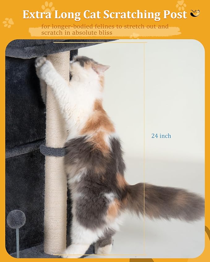 24in Cat Tree Tower with Scratching Post, 19 * 16.5in Window Perch Bed for Large Adult Cats, 2 Small Condo Cubbies for Indoor Kittens, Dark Gray
