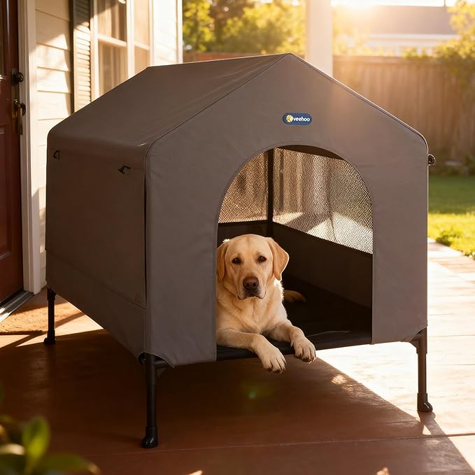 Veehoo 41" Dog House, 2-in-1 Large Dog House Outdoor Indoor Weatherproof, Outside Elevated Dog Cot Bed Dog Tent Shade, Three-Sided Breathable Mesh Windows and Sunshades, CWC2435CP