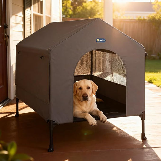 Veehoo 41" Dog House, 2-in-1 Large Dog House Outdoor Indoor Weatherproof, Outside Elevated Dog Cot Bed Dog Tent Shade, Three-Sided Breathable Mesh Windows and Sunshades, CWC2435CP