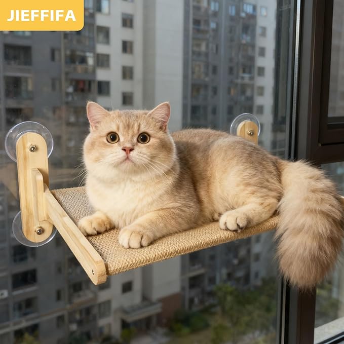 Cat Window Perch with Strong Suction Cups, Cat Window Hammock Foldable Bed with Breathable Mesh, All-Season Lounger for Medium Small Cats to Bird Watch & Sunbathe (Burlywood, L)