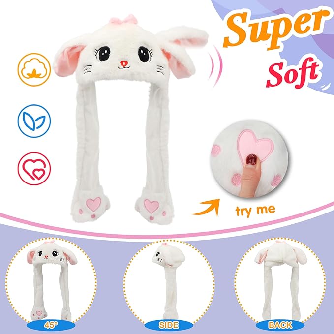 Animal Hat with Ears Moving Jumping Pop Up Beating Hat Plush Holiday Cosplay Dress Up Funny Gift for Kids