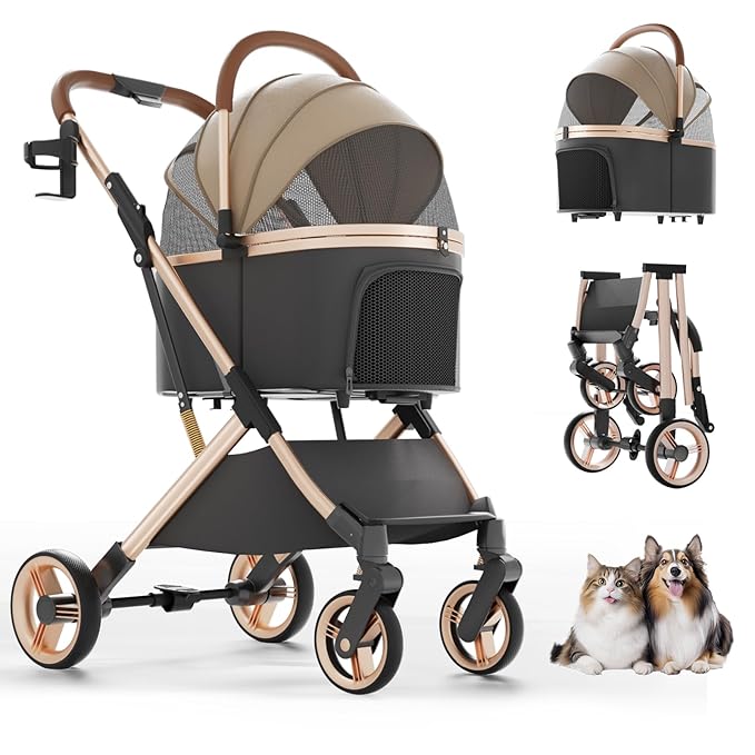 Pet Stroller with 4 Wheels, Dog Stroller with Detachable Carrier, One-Click Folding Pet Travel Carrier for Small, Medium Dogs Cats up to 50lbs, 3 in 1 Multifunctional (Khaki)