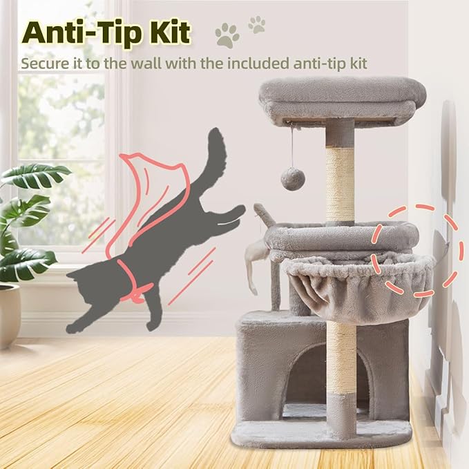 Taoqimiao Cat Tree, 32.2-Inch Cat Tower for Indoors Cats, Cat Condo with Large Cat Perch, Spacious Cat Cave, Scratching Posts for Small and Medium Cats, Light Gray MS043W