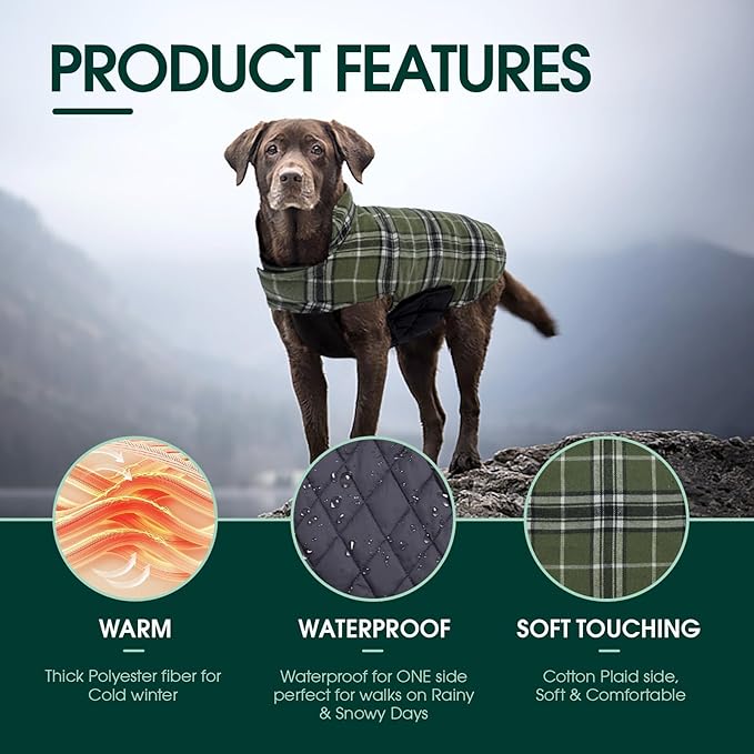 Kuoser Waterproof Dog Coat, Reversible Dog Jacket for Medium Dogs, Adjustable Durable Doggie Winter Coat Warm Puppy Cold Weather Apparel from Small to Large Breed, Green M