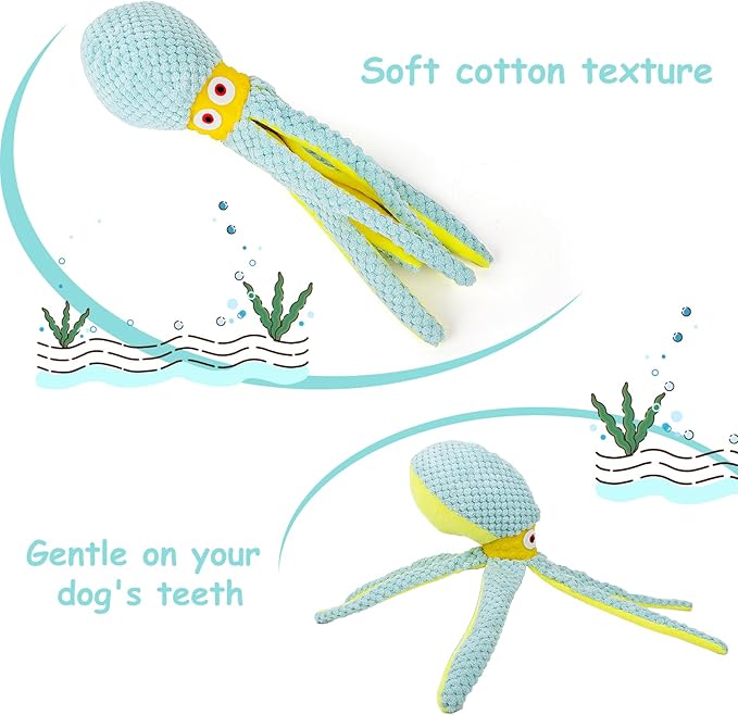 Hollypet Squeaky Plush Stuffed Durable Dog Toys, Cute Puppy Chew Toys for Small, Medium and Large Breed Dogs，Blue Octopus