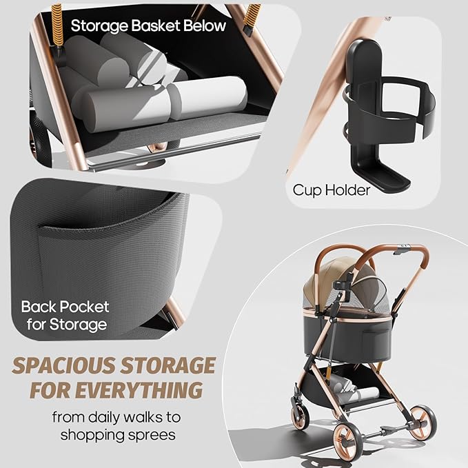 Pet Stroller with 4 Wheels, Dog Stroller with Detachable Carrier, One-Click Folding Pet Travel Carrier for Small, Medium Dogs Cats up to 50lbs, 3 in 1 Multifunctional (Khaki)