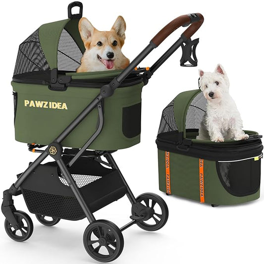 PAWZIDEA Pet Stroller 4 in 1, Dog Strollers with Detachable Carrier No-Zip Canopy, Portable Pet Crate for Car Seat Travel, Foldable & Lightweight Jogger for Small/Medium Dogs and Cats, Storage Basket