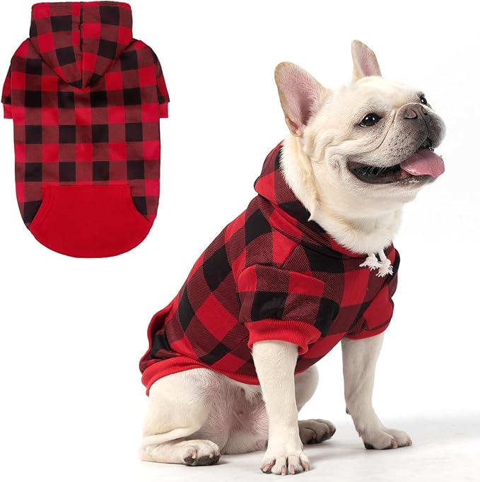 KOOLTAIL Plaid Dog Hoodie for Small Medium Large Dogs - Pet Clothes Sweater with Hat and Pocket for Cold Weather Winter, Warm Soft Dog Hooded Sweatshirt Coat Outfit for Puppy Cats Girls Boys Red SM