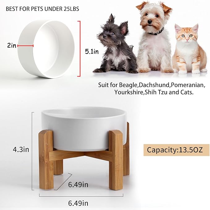 Petygooing White Elevated/Raised Ceramic Dog Bowl for Small Breeds, Dog Food Water Dish with Stand,Pet Feeding Bowl with Anti Slip Rubber for Cats and Small Dogs Puppy 13.5 OZ (5.1In / 1.7 Cups