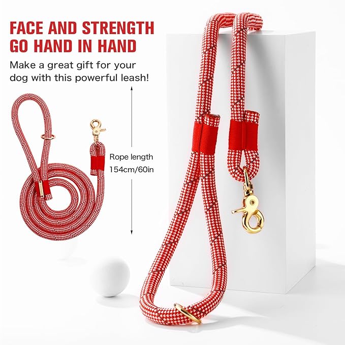Nylon Rope Dog Leash Reflective, Handmade Braided Strong Dog Lead, Heavy Duty Rope Leash for Medium Large Dogs (5 FT - 3/5" Red)