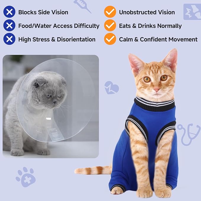 Stress-Free Cat Recovery Suit for Female Cats - Vet-Backed E-Collar Alternative, Anti-Lick & Rear Access Design RoyalBlue M