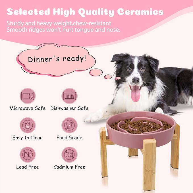 Elevated Slow Feeder Dog Bowl - Ceramic Food Dish with Bamboo Stand - Raised Maze Design - Ideal for Medium to Large Dogs - Pink - 8.8 inch