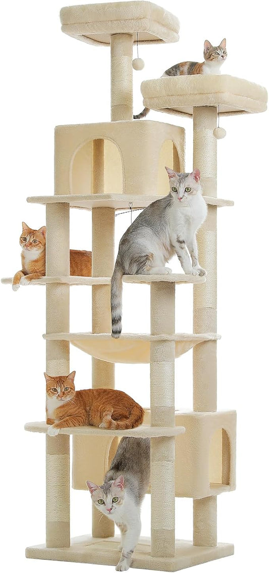 PAWZ Road Heavy Duty Cat Tree for Large Cats, 81 Inches Tall Cat Tower with 2 Perches, 2 Condos and Spacious Hammock, XL Extra Large Condo with 7 Scratching Posts for 20lb+ Adult Cats,Beige