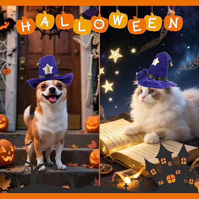 PETLESO Cat Wizard Hat Pet Halloween Costumes Witch Cosplay Outfit with Bell for Small Dogs, Cats & Rabbits, Adjustable, Purple