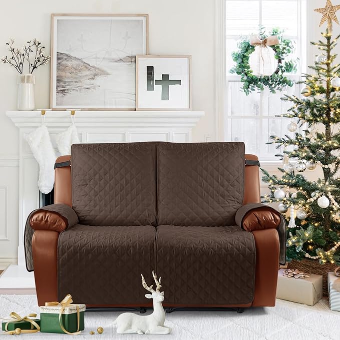 Ruaozz Waterproof Recliner Sofa Cover 1-Piece Couch Covers for Reclining Couches Reclining Sofa Cover Washable Furniture Protector with Elastic Straps Pocket for Kids, Pets (Dark Brown, 2 Seater)