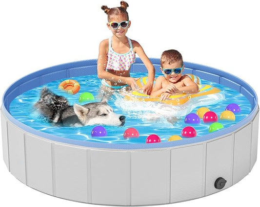 Portable Dog Pool PVC Pet Swimming Hard Plastic Pool Bathtub Collapsible Dog Poo for Pets to Swim and Bath (XL-63"x 12" Light Grey)