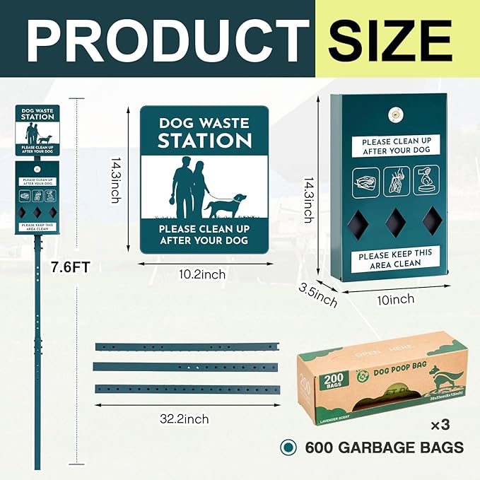 Dog Waste Station with Bags Galvanized Steel Outdoor Pet Bin Dispenser Reflective Sign Rust Proof System for Backyard Commercial Park(1 Pack)